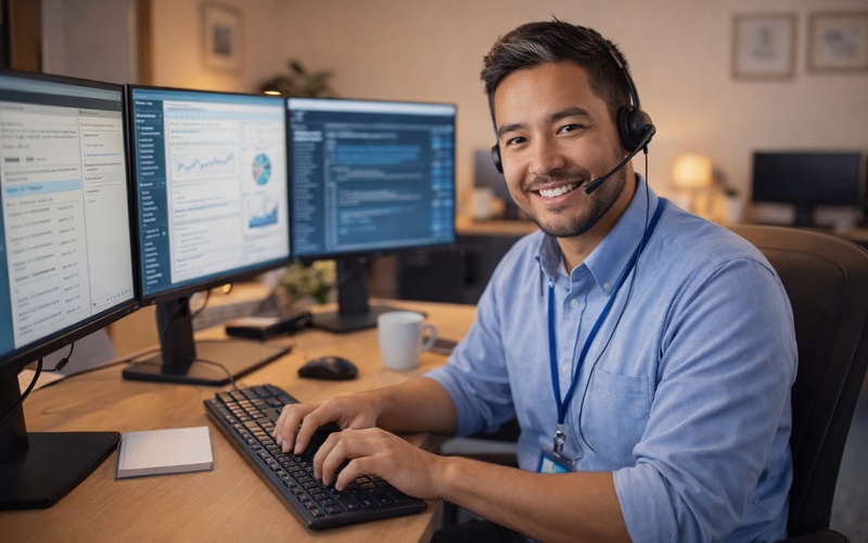 Bilingual IT support specialist at helpdesk workstation