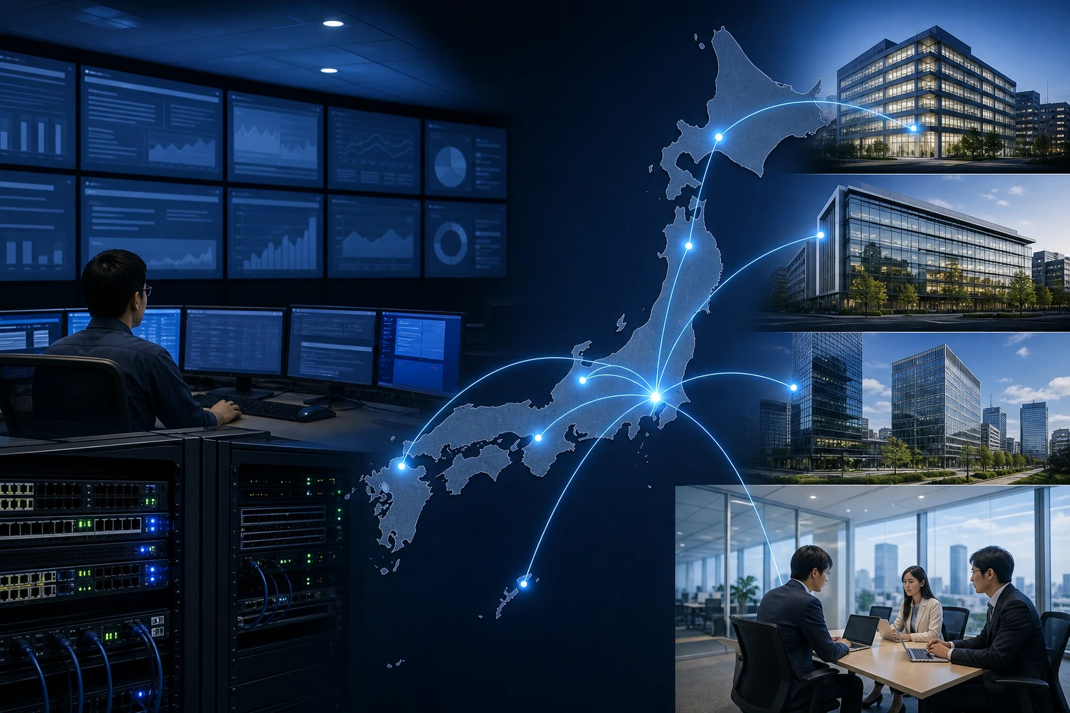 Managed network connectivity linking distributed Japan offices with monitored routers and switches