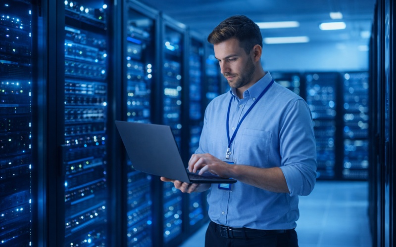 Field engineer working in server room