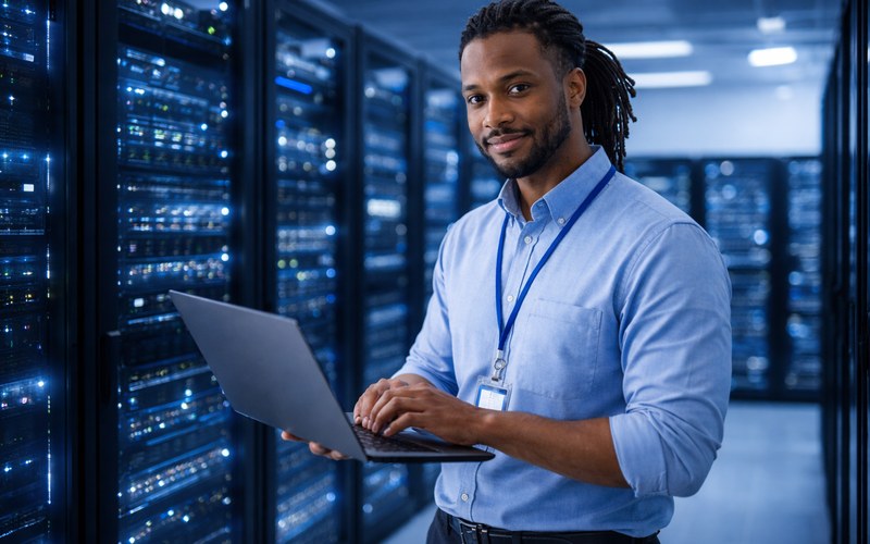 IT field engineer working in server room with laptop