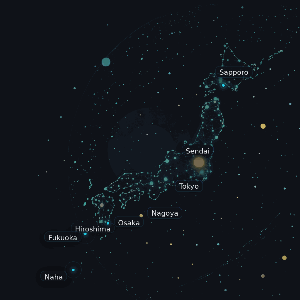 Japan coverage map showing Sapporo, Sendai, Tokyo, Nagoya, Osaka, Hiroshima, Fukuoka, and Naha