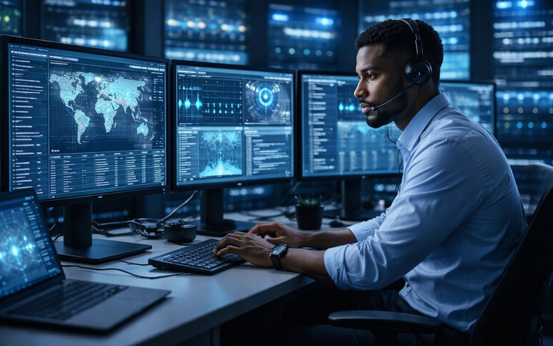 Cybersecurity analyst monitoring security operations center